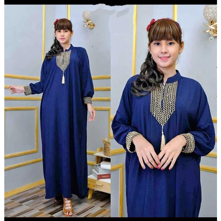 Gamis Sultan Renda Kringkle Airflow Premium Dress Kaftan Arab Polos Simple Busui Friendly Hitam-Navy Kaftan