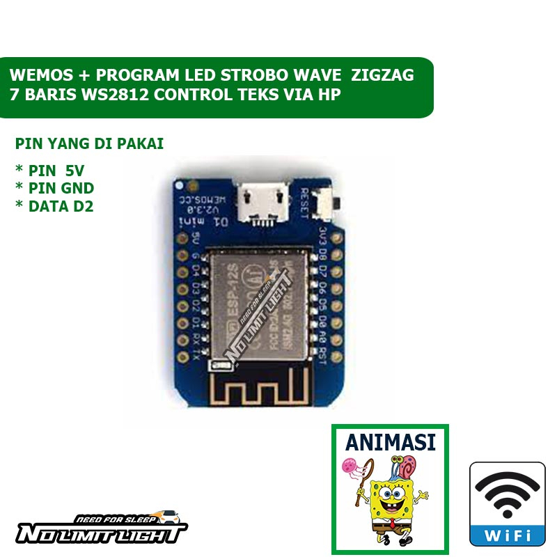 Chip Wemos Modul LED Strobo Wave Kaca Mobil Teks WI-FI 7 Baris LED Ws2812 Animasi Spongebob