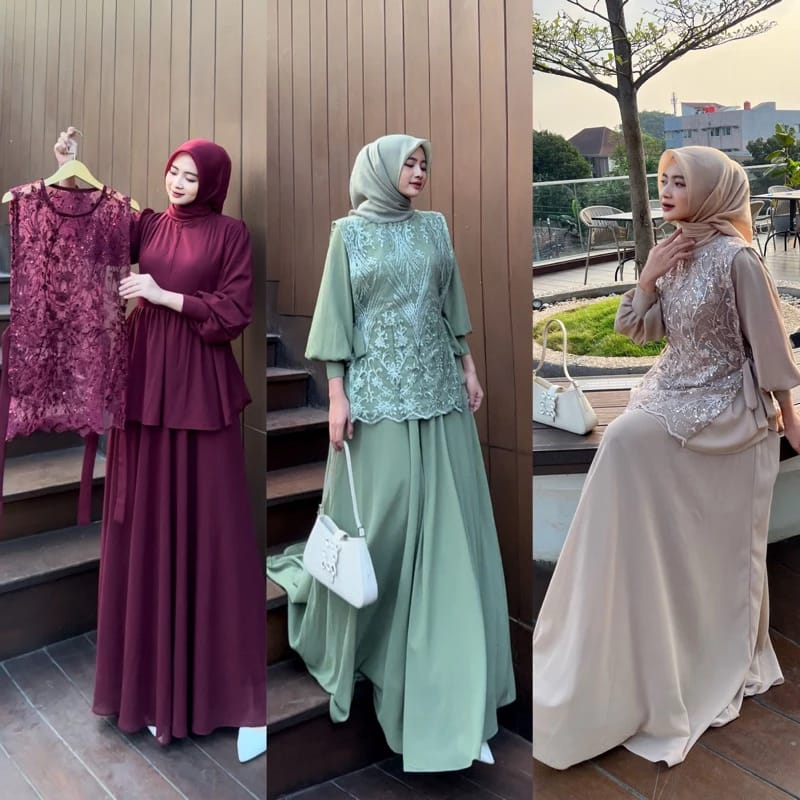 SENJA ONE SET INNER OUTER CERUTY MIX BRUKAT DRESS KONDANGAN SIMPLE WANITA MUSLIM