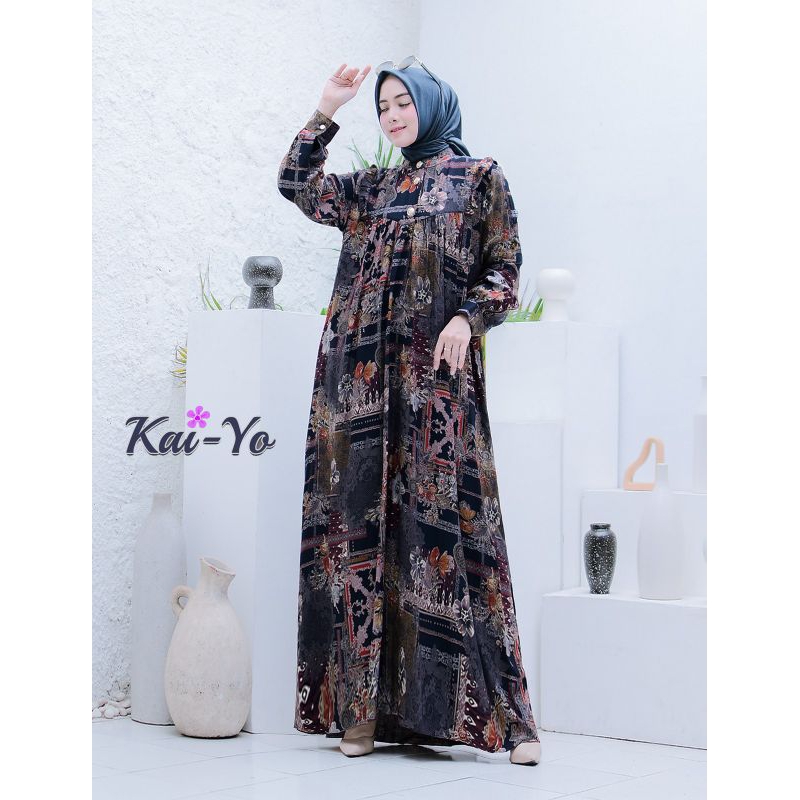 KAIYO FASHION - Gamis Katun Viscose Motif Abstrak Kerah Shanghai (Cocok Untuk Pengajian, Ke Mall, Ac
