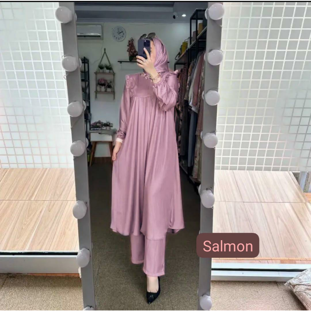 ONE SET TUNIK POLOS SHIMER PREMIUM - SETELAN TUNIK SHIMER NEW CELANA KULOT - ONE SET WANITA TERBARU