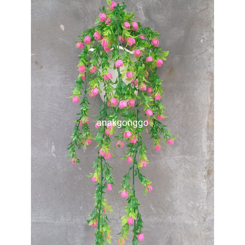 Set Pot Tempel Ombak Dinding dan Bunga Plastik Gantung Priti Vernalya Pink Juntai Free Busa
