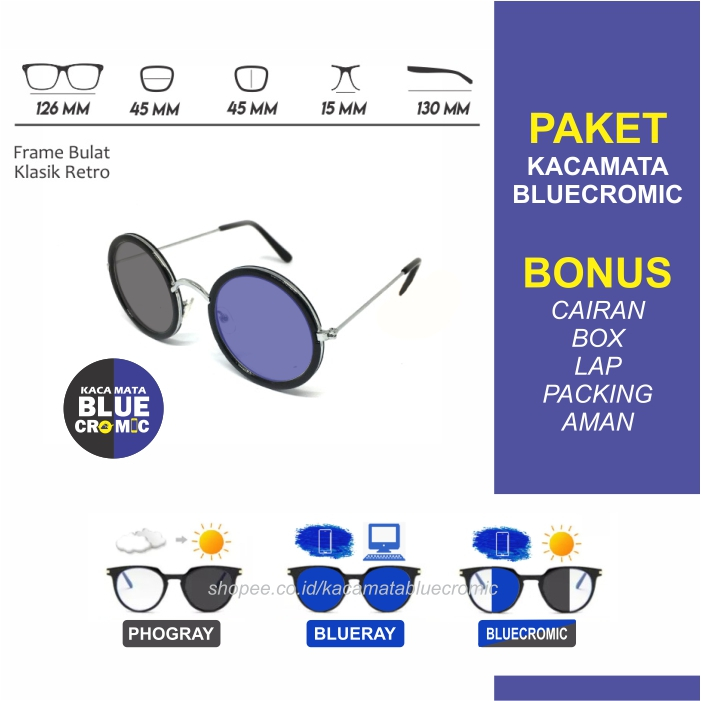 Paket Kacamata Bluecromic (Blueray Photocromic) KB411 - Kacamata Klasik Frame Bulat Kecil Pria Wanit