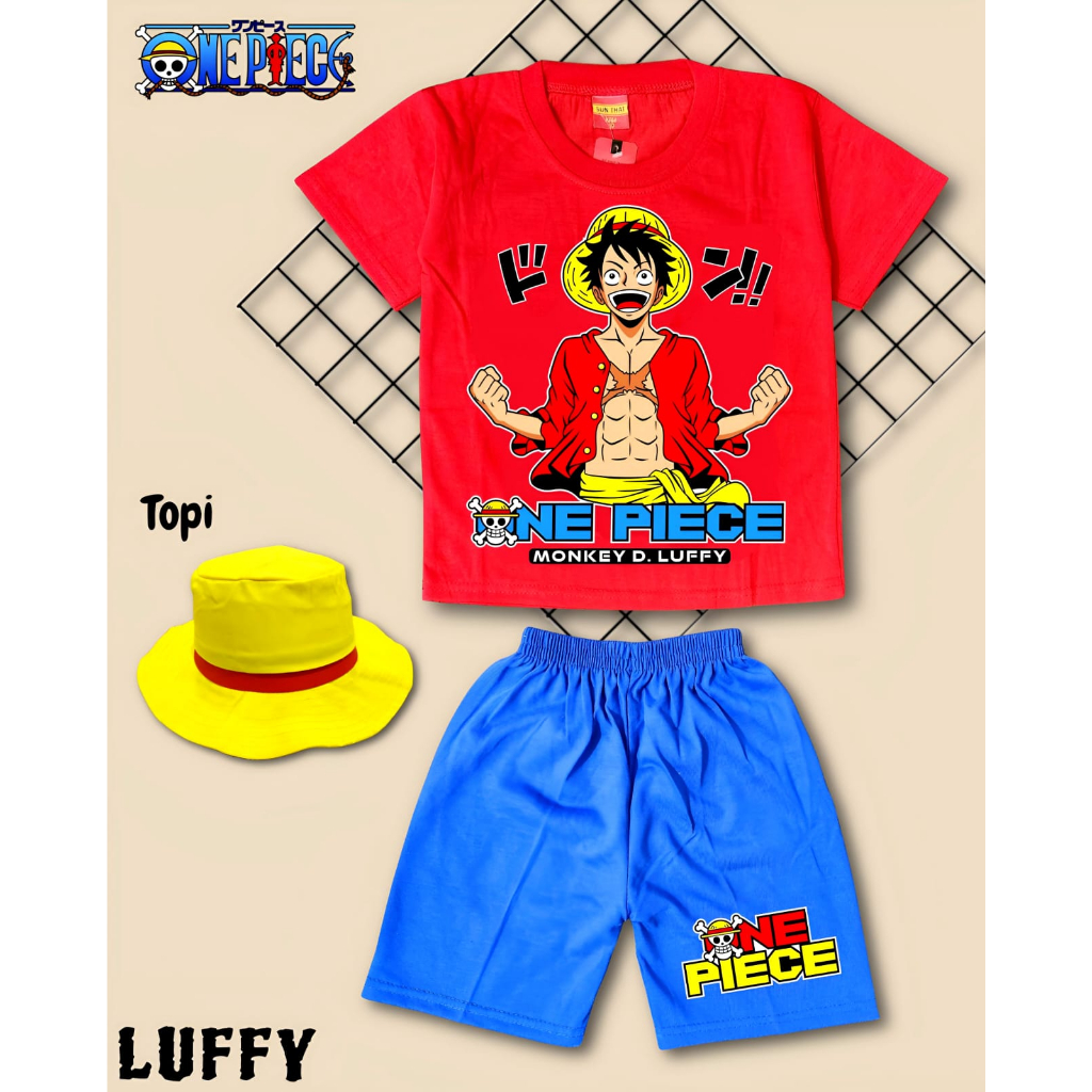 SETELAN BAJU ANAK LUFFY PENDEK ONE PIECE BISA TAMBAH TOPI