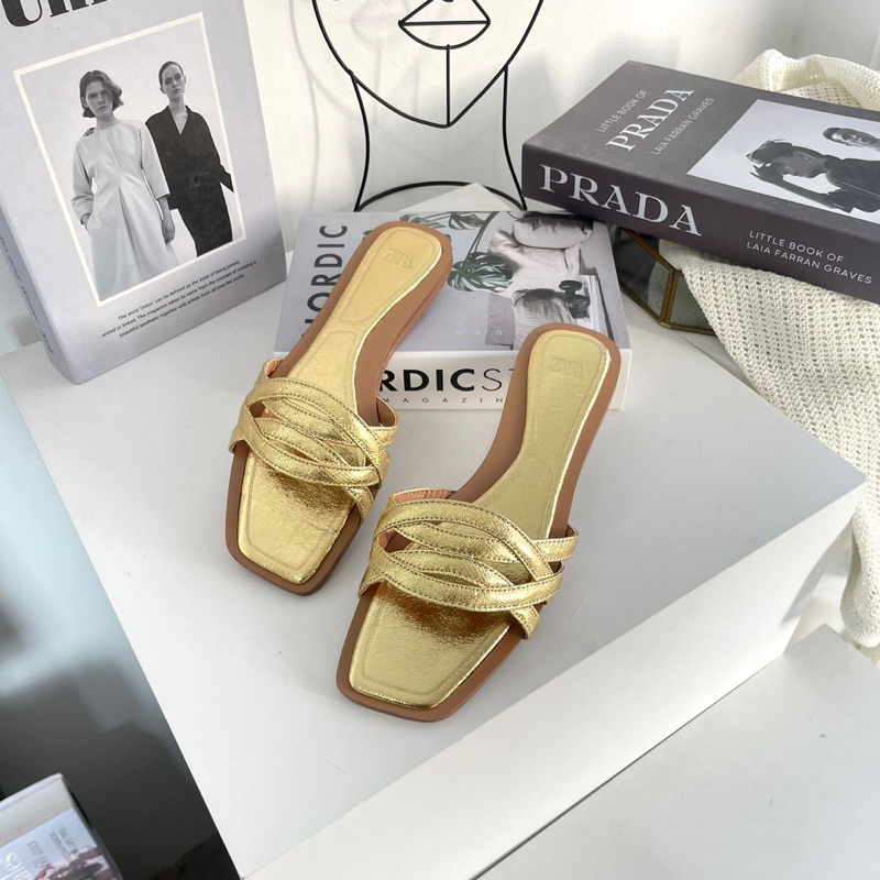 Gold sandals by Zara import high quality fashion shoes sandal tali wanita kantor kerja casual dailys