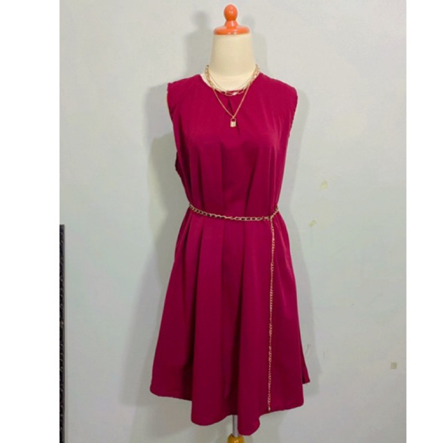 Dress casual polos vintage korean look model kutung basic bahan moscrepe warna merah maroon free bel