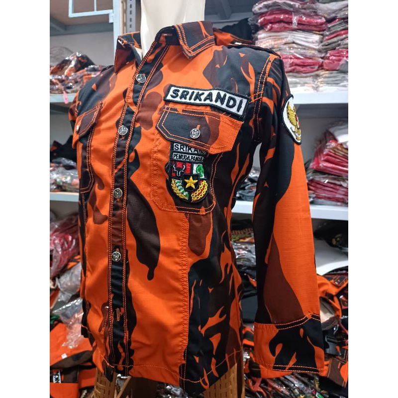 KEMEJA SRIKANDI PEMUDA PANCASILA BAHAN SRITEX & BAHAN TWILL JAHITAN RANTE BORDIR TIMBUL