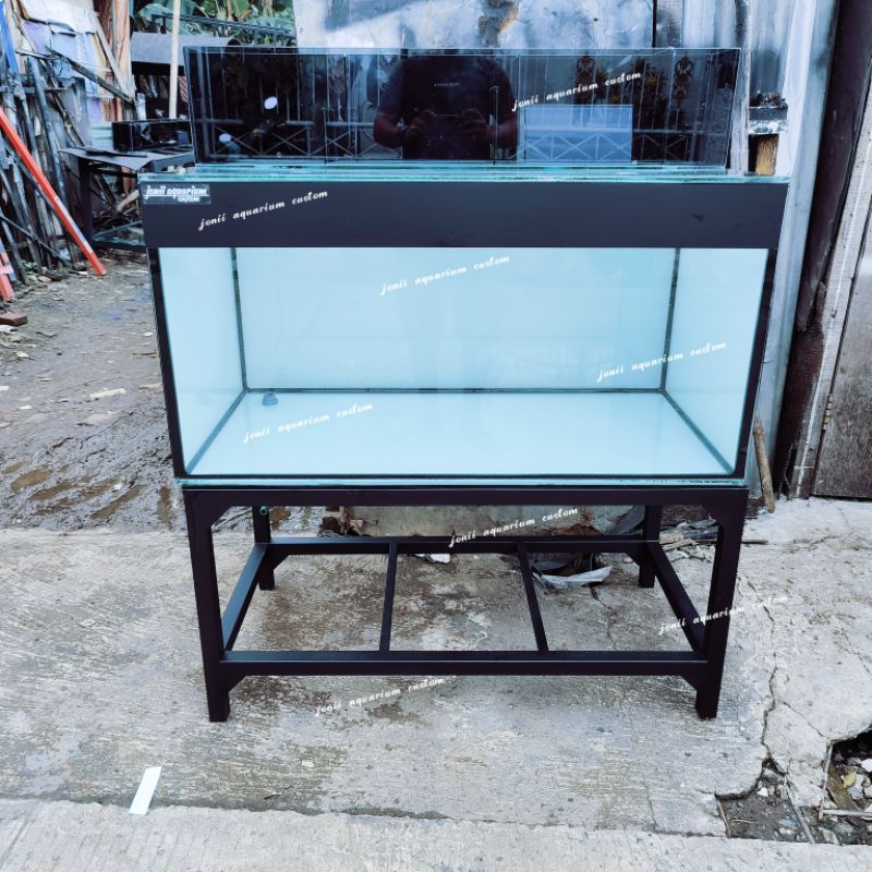 aquarium 100x50x50 10mm full stiker putih set filter kaca dan tutup aquarium kaca custom lubang back