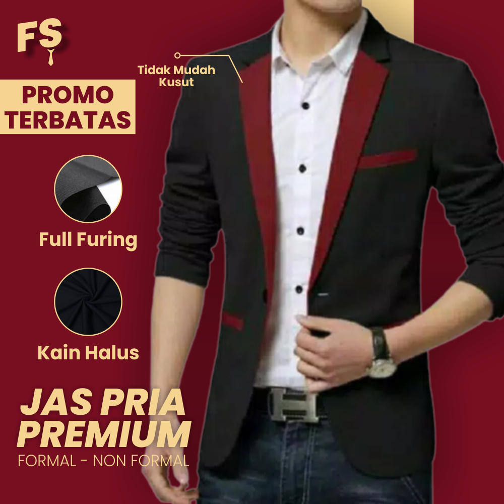 BLAZER JAS KOREA NIKAH WISUDA PENGANTIN PRIA SLIM FIT FORMAL - HITAM KERAH MAROON