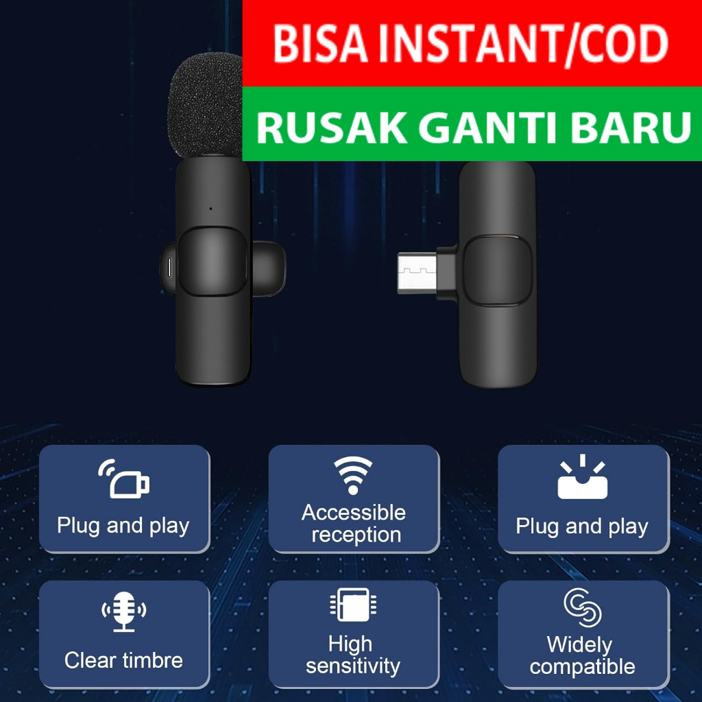 (BISA INSTANT/COD) Microphone Mic Wireless Lavalier Mikrofon Tanpa Kabel USB Type C Youtuber Livestr