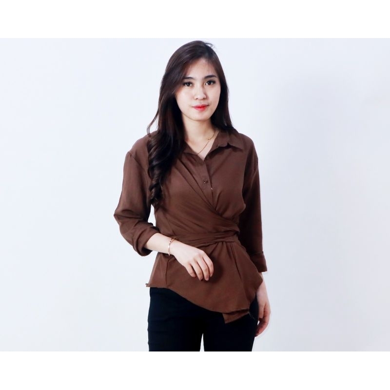 wrap blouse jimbo kemeja kerja lengan panjang
