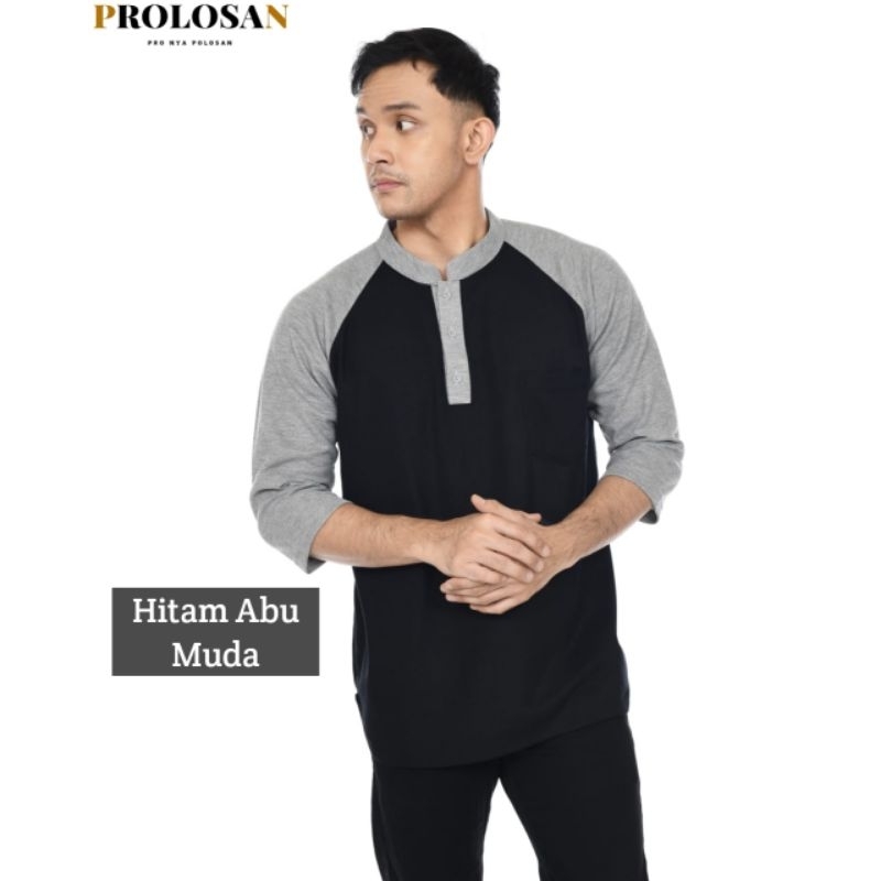 Kaos Koko Kurta Raglan Kancing Kombinasi Saku Lengan 7/8 Pria