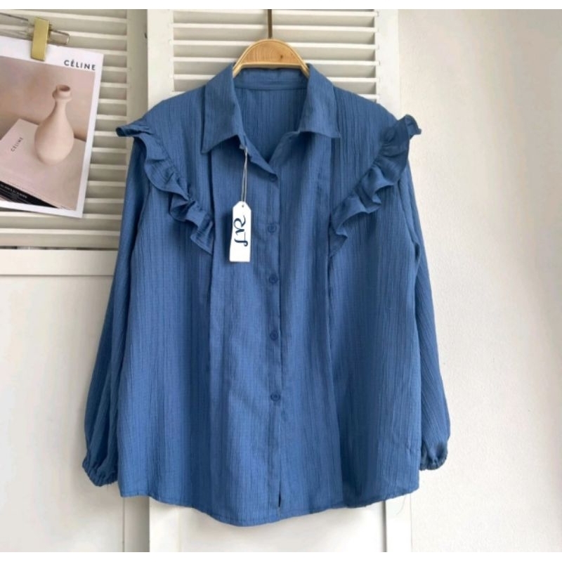 Ruffle Blouse Wanita Ruffle Crinkle Shirt Kemeja Peplum Baju Kantor Formal Kerja Cewek Kemeja Ruffle BabyDoll Tangan Panjang Kemeja Basic Polos Atasan Wanita Lengan Panjang Kancing Depan Longsleeve Shirt Casual shirt