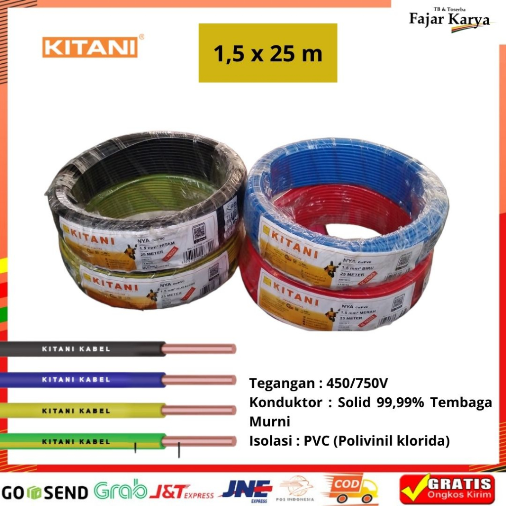 KABEL LISTRIK SNI  KITANI NYA TUNGGAL 1.5 mm PANJANG 25 METER MERAH HITAM BIRU FULL TEMBAGA TERLARIS