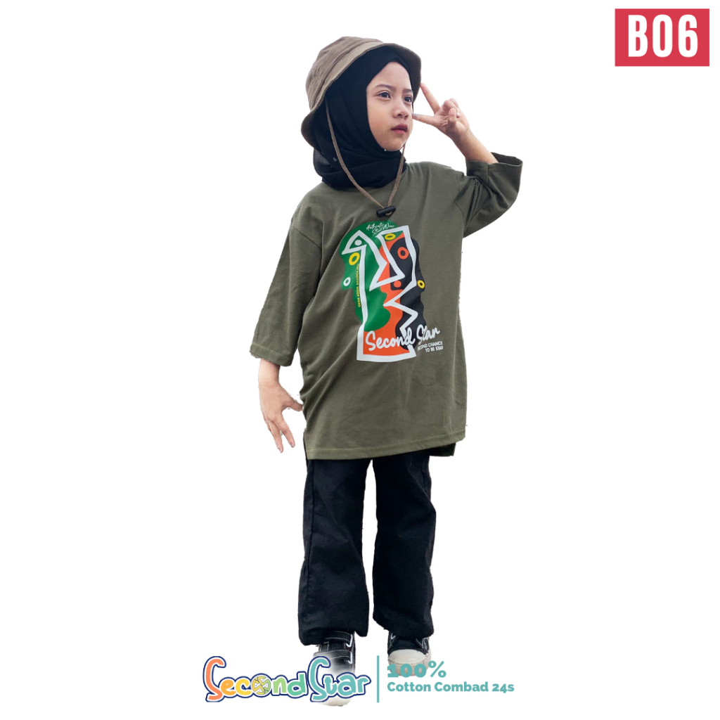 Second star kaos oversize anak perempuan tunik Usia 3-6 tahun warna army - SSB06