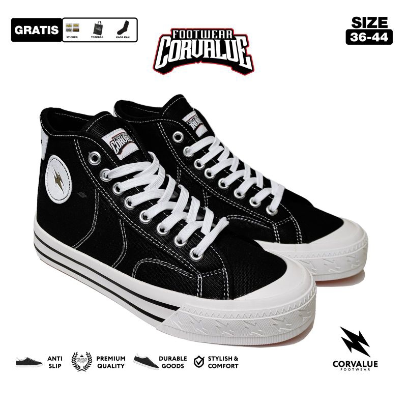 CORVALUE - Sepatu Sneakers Kasual Corvalue Footwear Hayabusa High black white Original Casual Shoes 