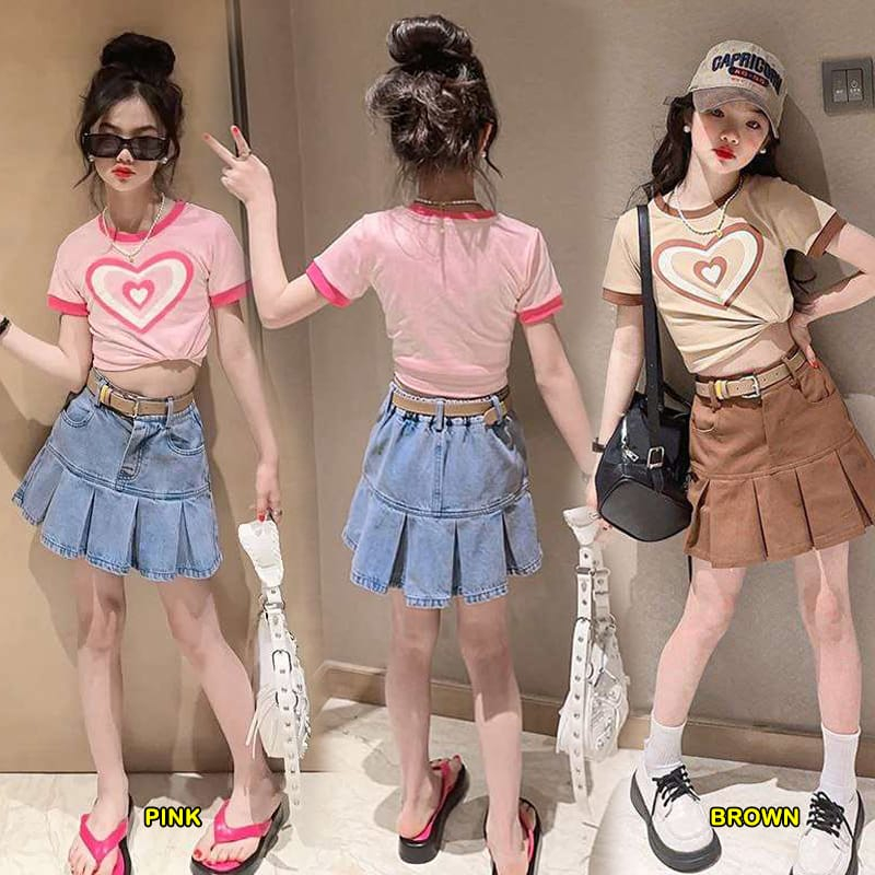 Setelan Rok Anak Perempuan Plisket DENGAN IKAT PINGGANG Love