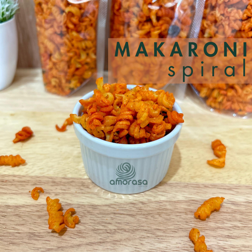 

[100 gram] [SNACK PREMIUM] Cemilan Makaroni Pedas Spiral Balado Daun Jeruk Jajan Kemasan Zip Lock AMORASA