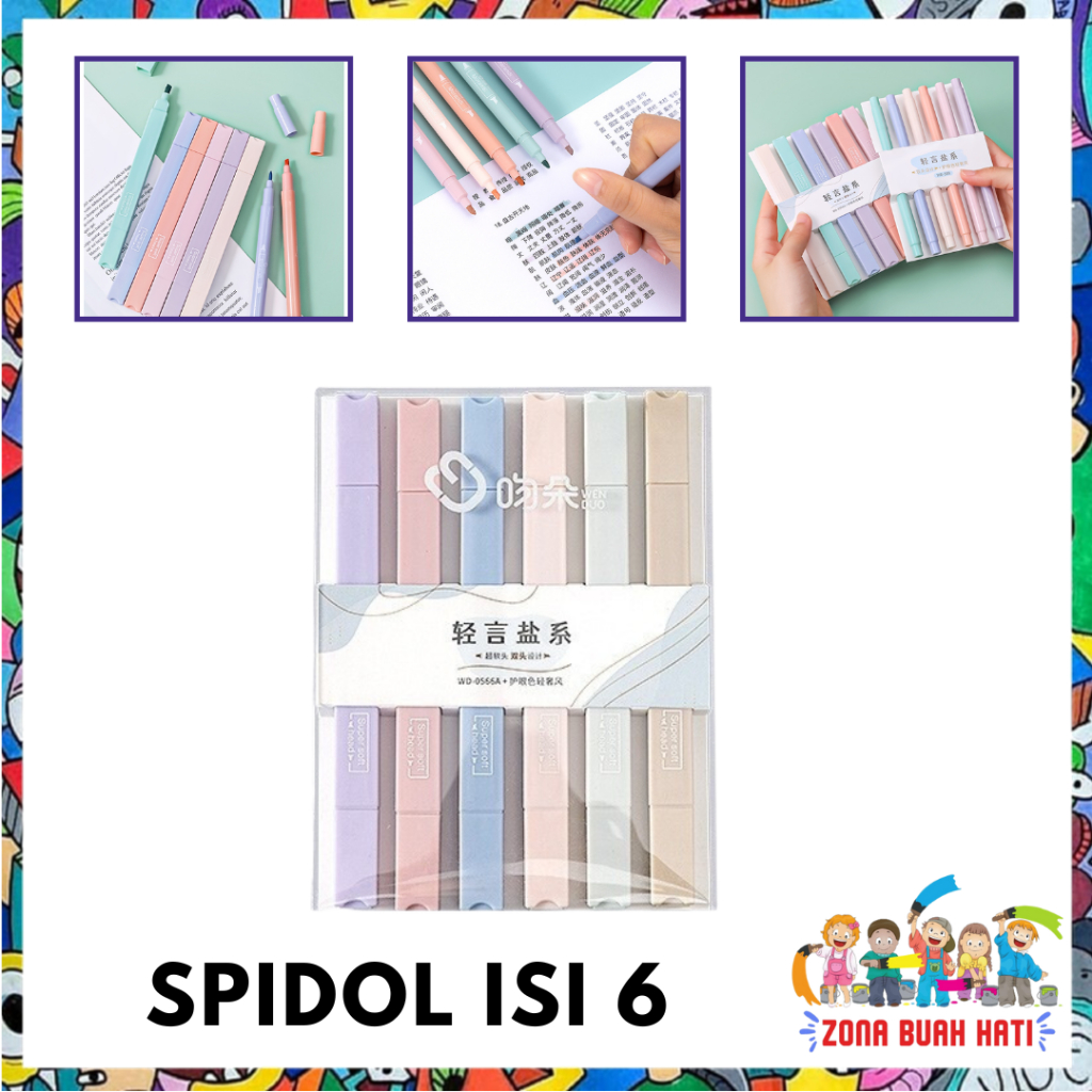 

ZBH 1Set Highlighter Dua Sisi Warna pastel 6 Pcs Spidol Warna Double Side Two head Pen Diary Marker Stationery Lucu Unik Penanda Buku Warna Warni Pena Kepala Ganda Ujung Lembut Import