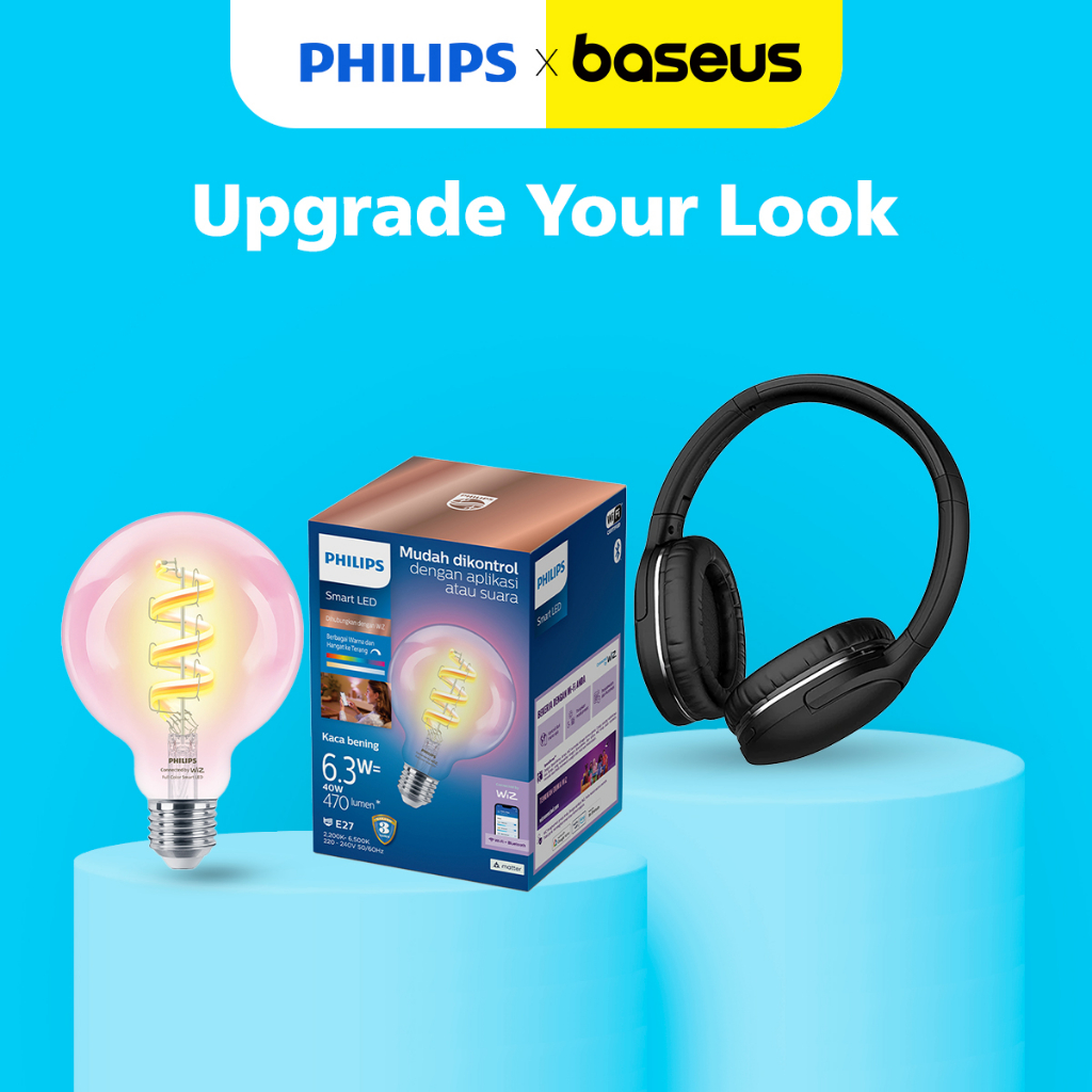 Philips Lampu Smart Wifi LED Filamen Spiral 6.3W G95 RGB FREE 8W TW &amp; Baseus D02 Pro Foldable Headphone Bluetooth Wireless/Wired V5.0 - Black Pro