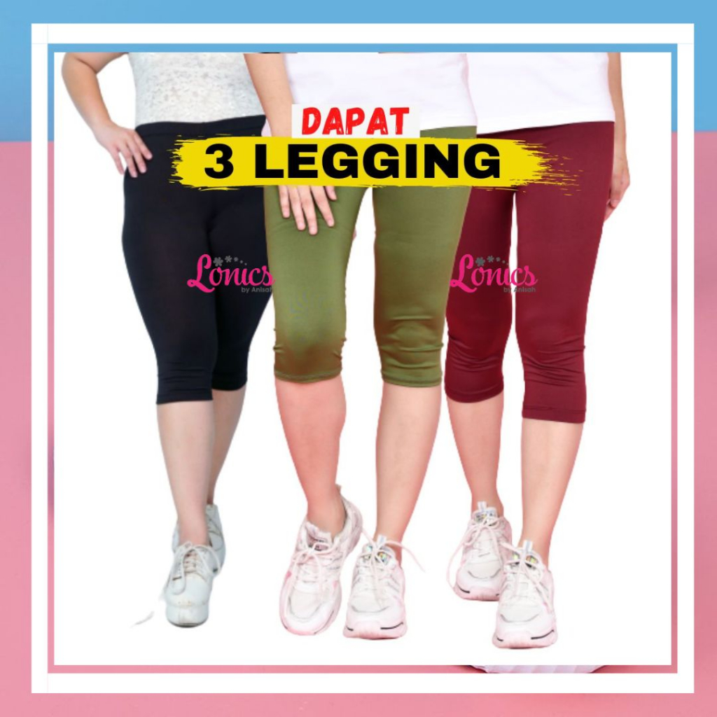 Paket isi 3 Legging Pendek 7/8 Wanita Dewasa Bahan Spandex Jersey Licin Elastis Polos Standart Bigsi