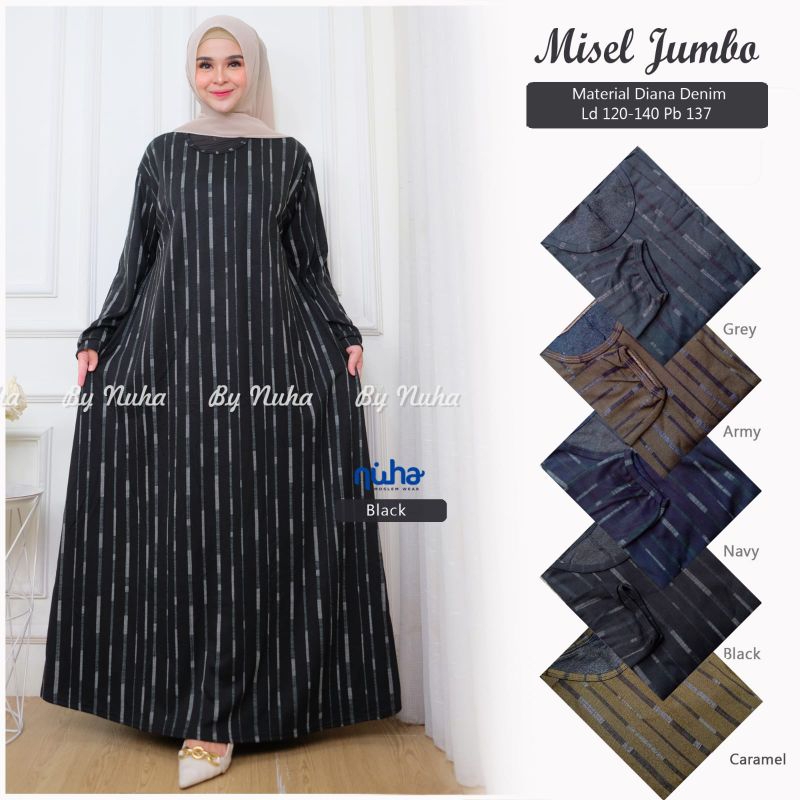 Misel Dress By Nuha Gamis Jumbo Ld 120 - 140 Diana Denim Premium Motif Garis Harian Ibu Muslimah Bahan Tebal Adem Terbaru Kekinian Hitam Navy Grey