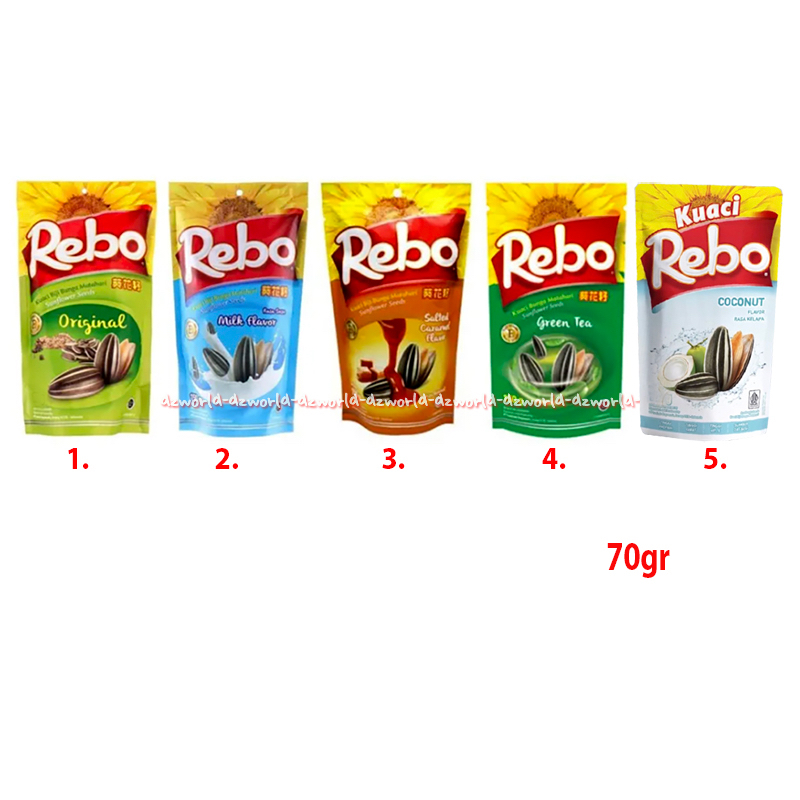 

Rebo Kuaci 70gr Original Milk Flavour Salted Flavour Green tea Coconut Kuaci Biji Bunga Matahari Aneka Rasa Susu Karamel Teh Hijau Karamel Reboo