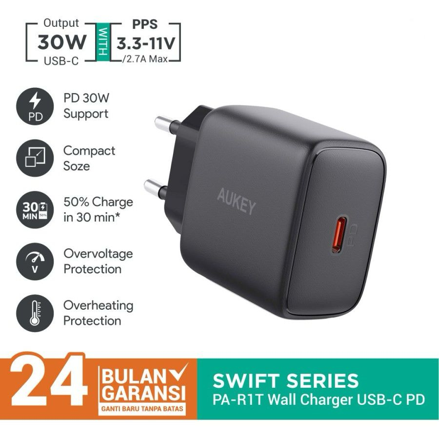 Charger Aukey PA-R1T 30W Swift Series USB-C PD NEW Aukey Charger Iphone Samsung 18W PD 2.0 &amp; Quick Charge 3.0 ORIGINAL VERY FAST CHARGING