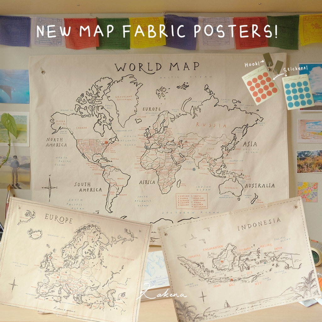 World Map Fabric Poster | Peta Eropa Aesthetic | Peta Indonesia | Hiasan Dinding Dekorasi Kamar