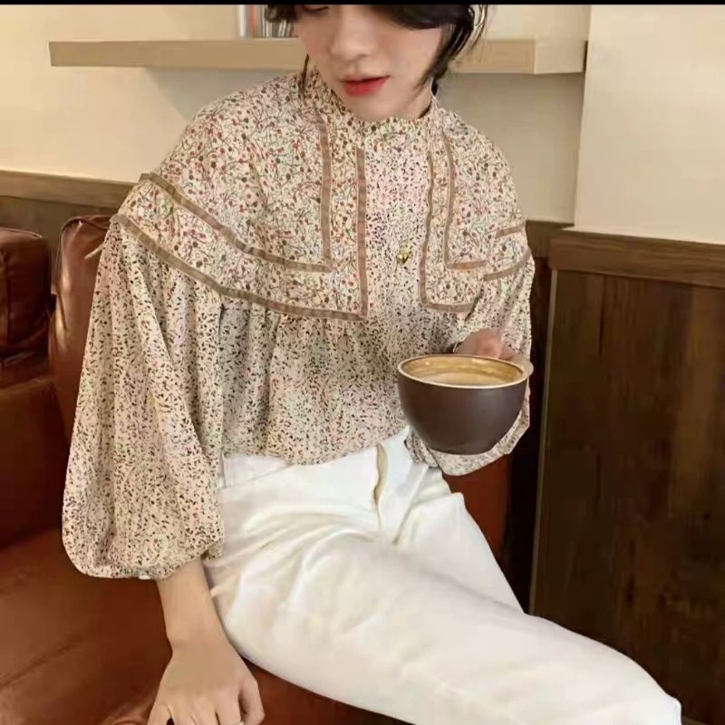 8598 Atasan baju blus blouse kemeja blouses lengan panjang tangan balon baloon cantik murah simpel e