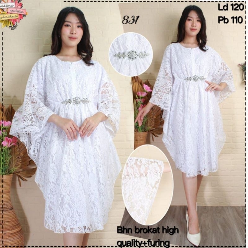 Dres brukat KD831 putih DRESS PARTY PESTA Bahan brukat gliter variasi aplikasi ada furing