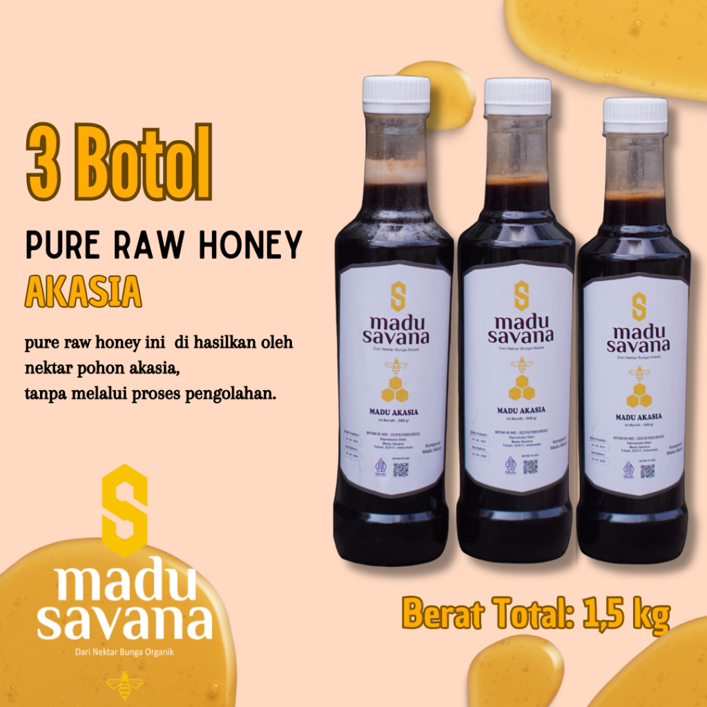 

Promo hemat 3 botol Madu SAVANA Asli Murni Nektar BUNGA akasia sumatera 100% Pure Raw Honey Alami