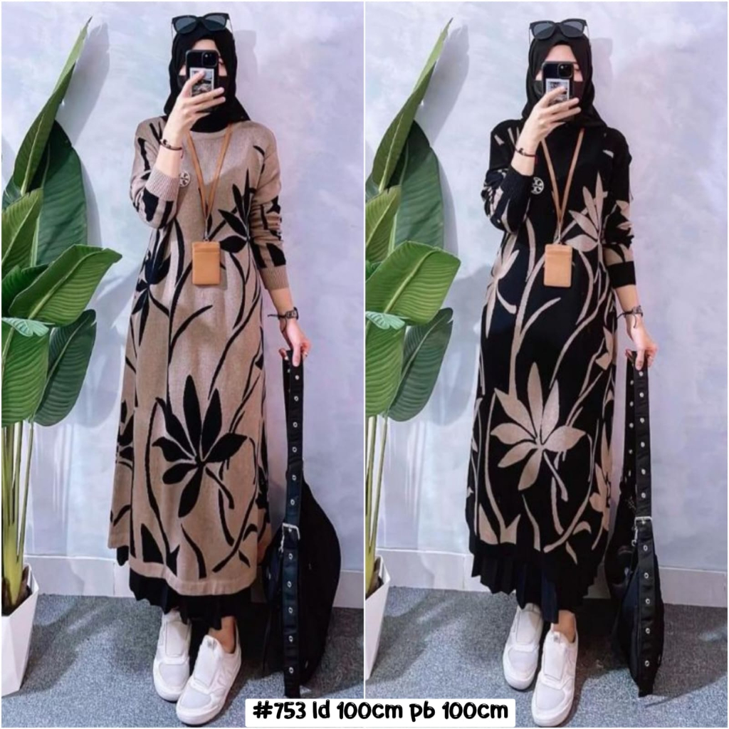 ALISA LONG TUNIK RAJUT HALUS PREMIUM MOTIF BUNGA NYAMAN
