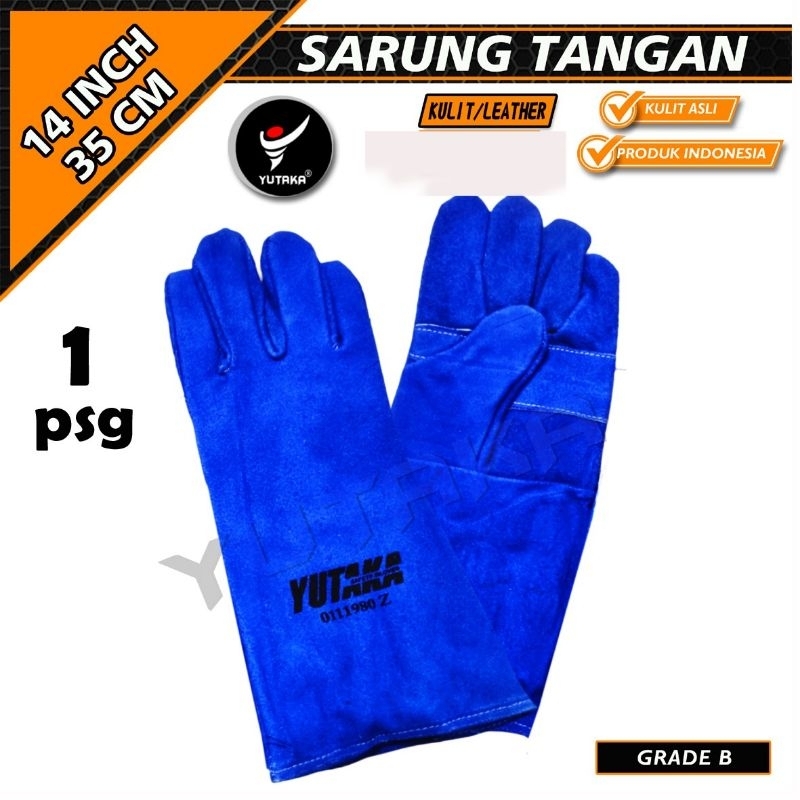SARUNG TANGAN LAS MERK YUTAKA 14 INCH BIRU TAHAN PANAS TEBAL - SARUNG TANGAN PENGELASAN