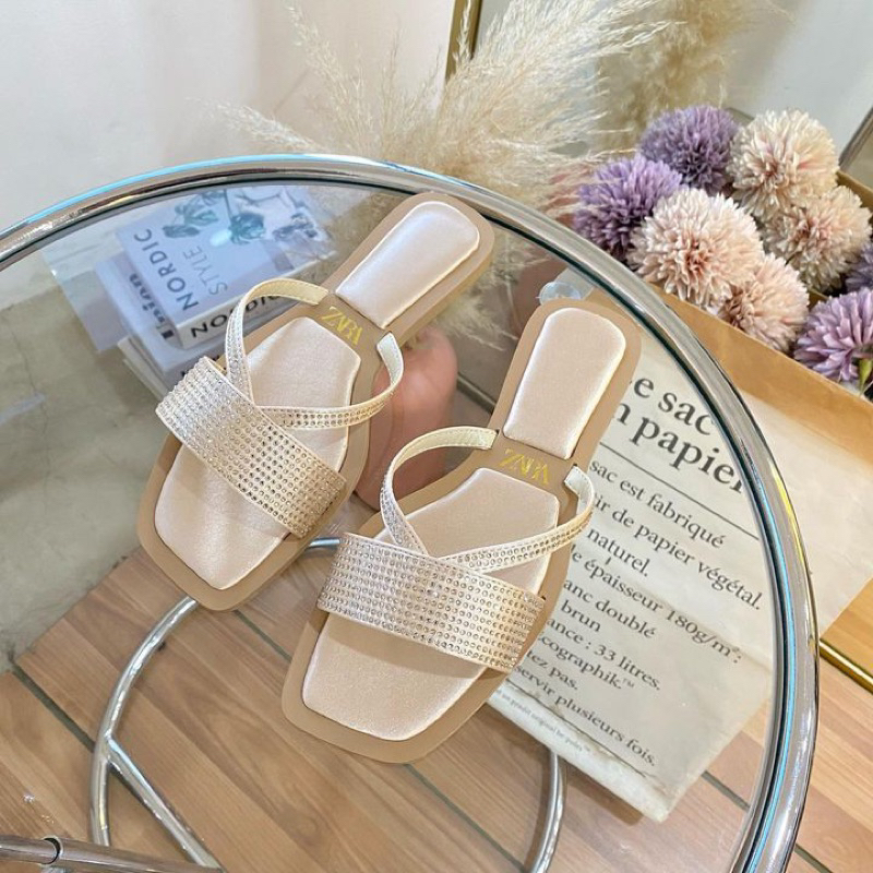 ZR Flat Slider Sandals With Rhinestones