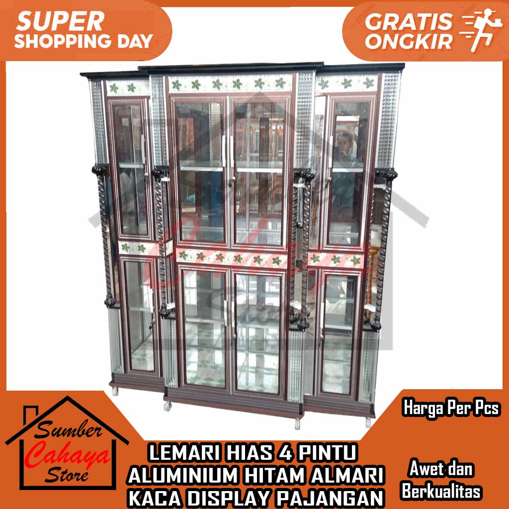 [Instan] LEMARI HIAS 4 PINTU ALUMINIUM HITAM KACA ALMARI DISPLAY PAJANGAN ALUMUNIUM ALMINIUM ALMUNIU