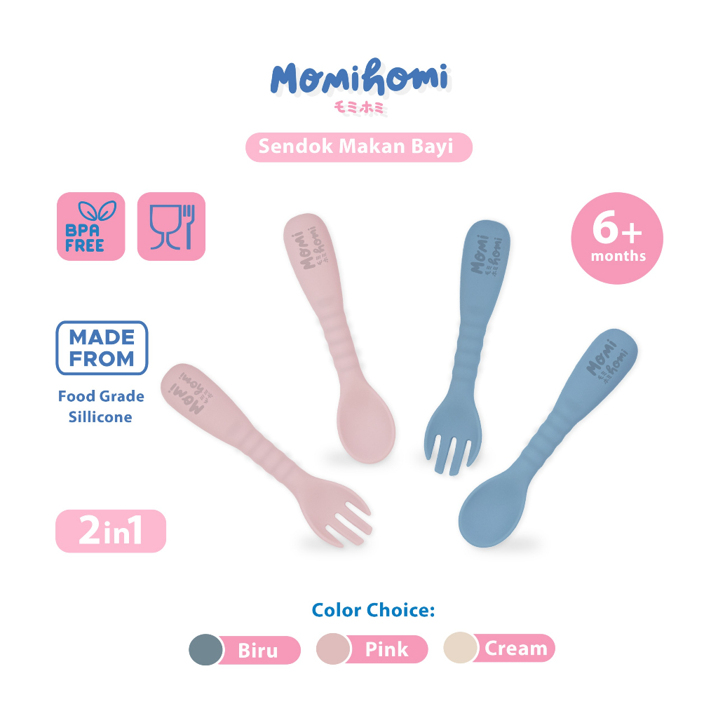 Momi Homi Sendok Silicone Peralatan Perlengkapan MPASI Makan Bayi 2in1 Garpu Dan Sendok BPA FREE Aman Untuk Anak Atau Bayi Sendok Silikon Set Isi 2pcs Baby Feeding Spoons Sillicone Food Grade Desain Unik Bahan Lembut Silicone Premium High Quality Silicon