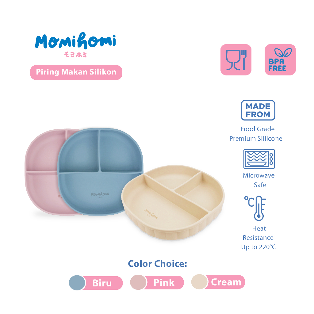 Momi Homi Piring Makan Bayi Silikon Anti Slip Anti Tumpah Sekat 3 Peralatan Perlengkapan Mpasi BPA FREE Baby Silicone Plate Suction Plate Baby Feeding Food Grade Microwave Safe Tahan Panas 220 Derajat Celcius Tanpa Tutup Tempat Makan Bayi Piring Silikon