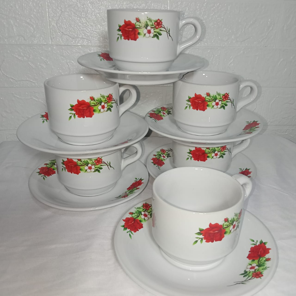 Cangkir set Motif Bunga Ros Merah Bahan Keramik isi 6 piring & 6 tatakan - Gelas teh kopi