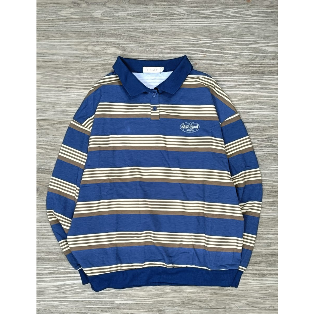 Kaos Poloshirt salur lengan panjang YF, & Salur Rajut Wanita Korea Style Lengan Panjang Terbaru