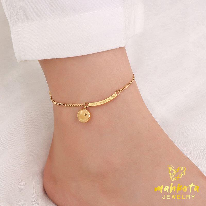 GK82 Gelang Kaki Titanium Premium Wanita Rantai Italy Emot Smile Lapis Emas 18K