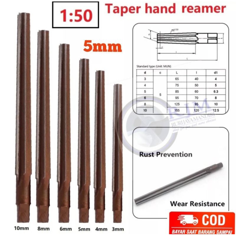 lemer rimer reamer tirus reamer pin 5mm 1:50 hss bukan carbide nachi