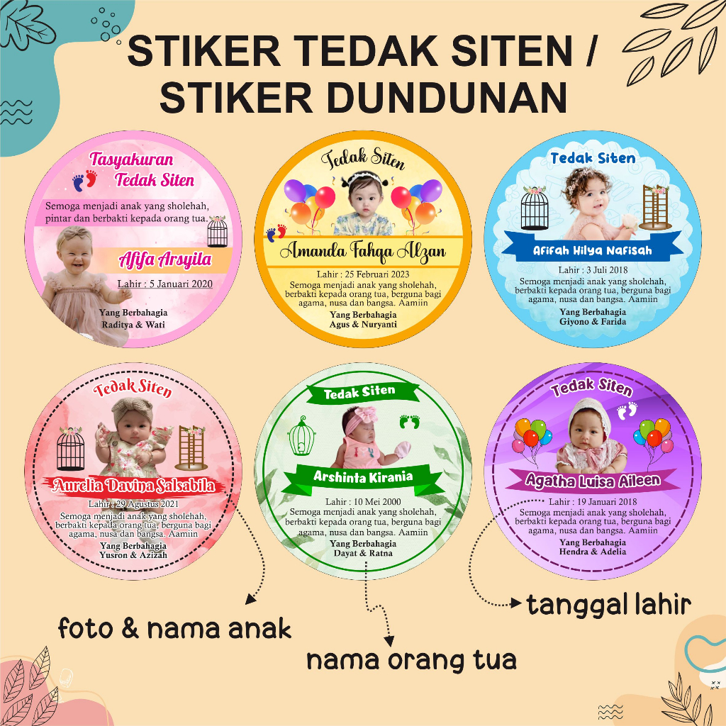 

(ukuran 6 cm)Stiker Tasyakuran Tedak Siten/Stiker tedhak siten/Stiker Dundunan/Sticker custom part 2