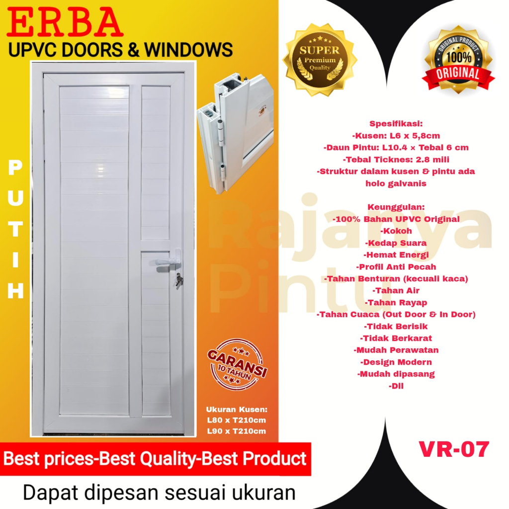 Pintu Utama/Pintu Kamar/Pintu Kantor UPVC ERBA Super Premium-VR 7-Putih