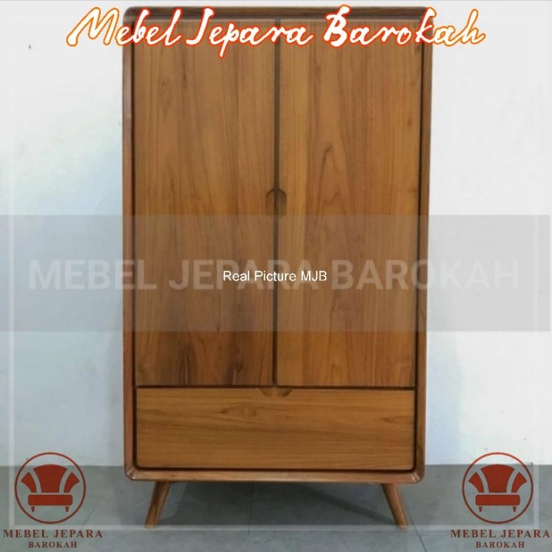 Lemari Pakaian Retro 2 Pintu Kayu Jati Solid Minimalis Almari Pakaian Model Polos Laci 1 Serbaguna