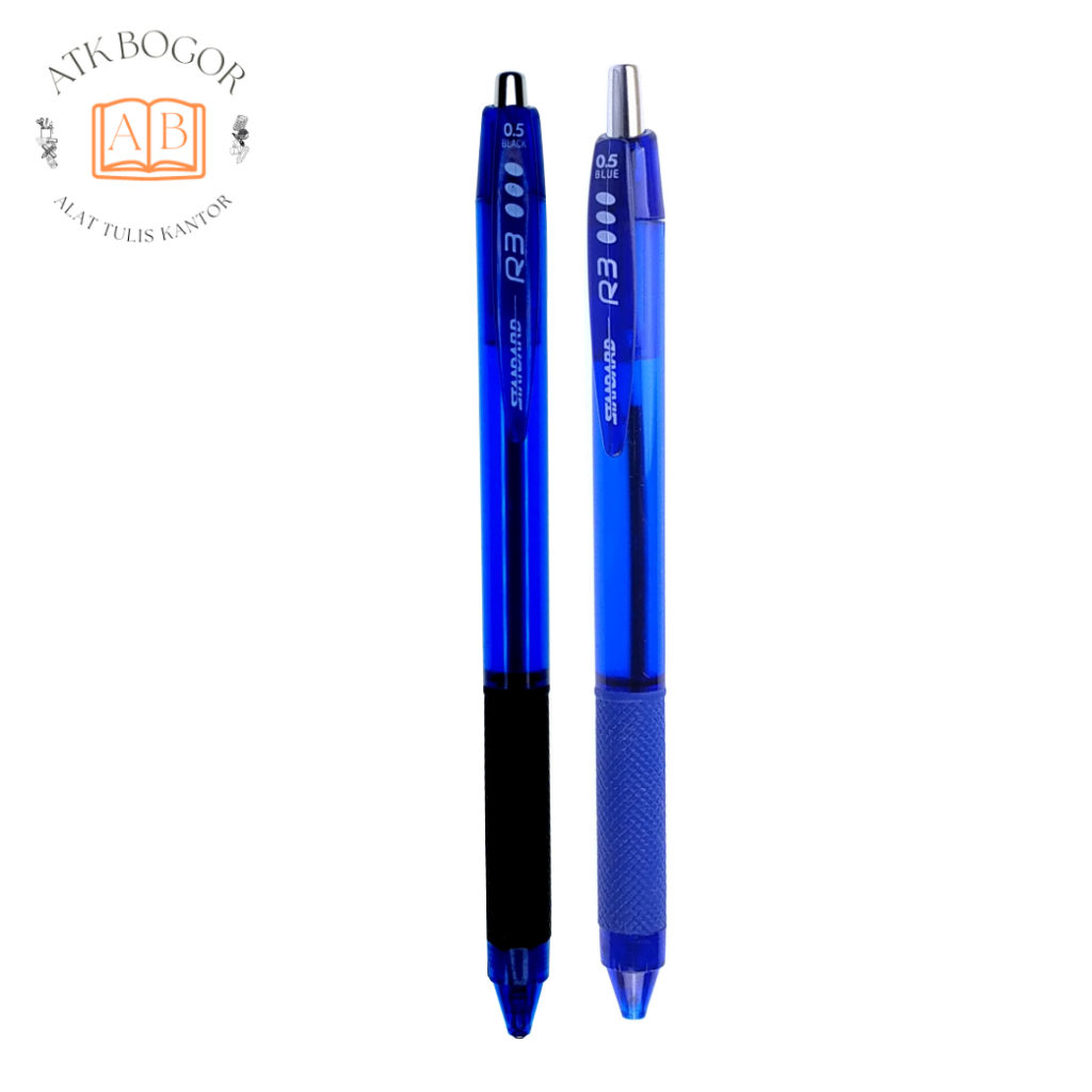 

Pulpen Cetek Semi Jel dengan Grip Karet Ukuran 0.5 Tinta Hitam / Biru Standard R3 Oil Gel Retracable Ballpoint Pen Rubber Grip - Isi 1 Pack / 12 Pcs