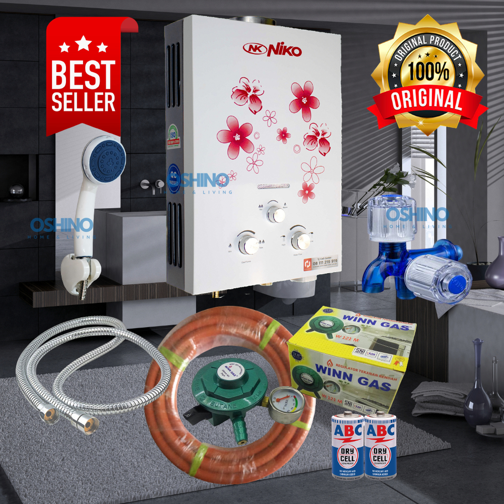 [COD] Paket Water Heater Pemanas Air Kamar Mandi Gas Niko Lengkap Putih