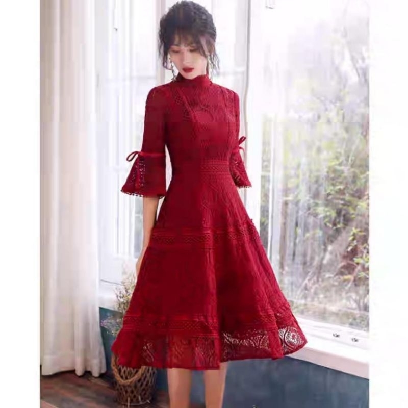 0930 Fashion Minidress mini dres dress lace brokat brukat renda lineneck leher tinggi sopan merah hi