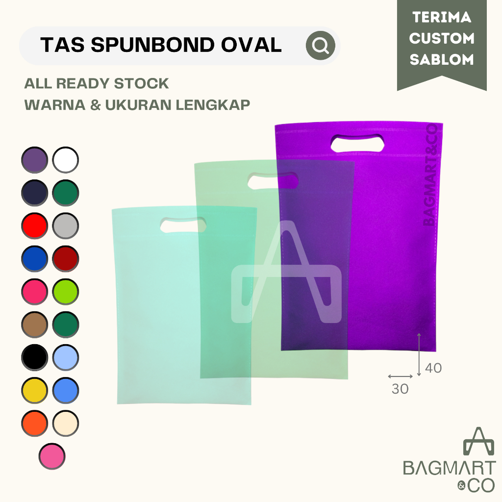 

Tas Spunbond Plong Ukuran 30x40 Polos Oval Bahan Kain Goodie Bag Jinjing Suvenir Nikahan Hajatan