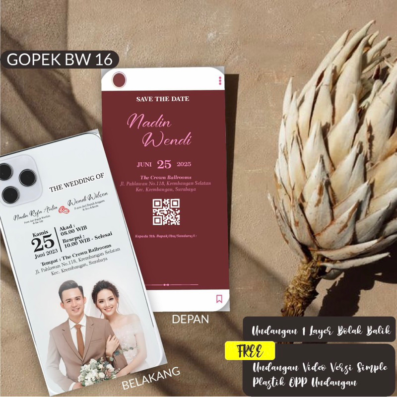 UNDANGAN PERNIKAHAN MURAH SIMPLE 1 LAYER BOLAK-BALIK - GOPEK BW